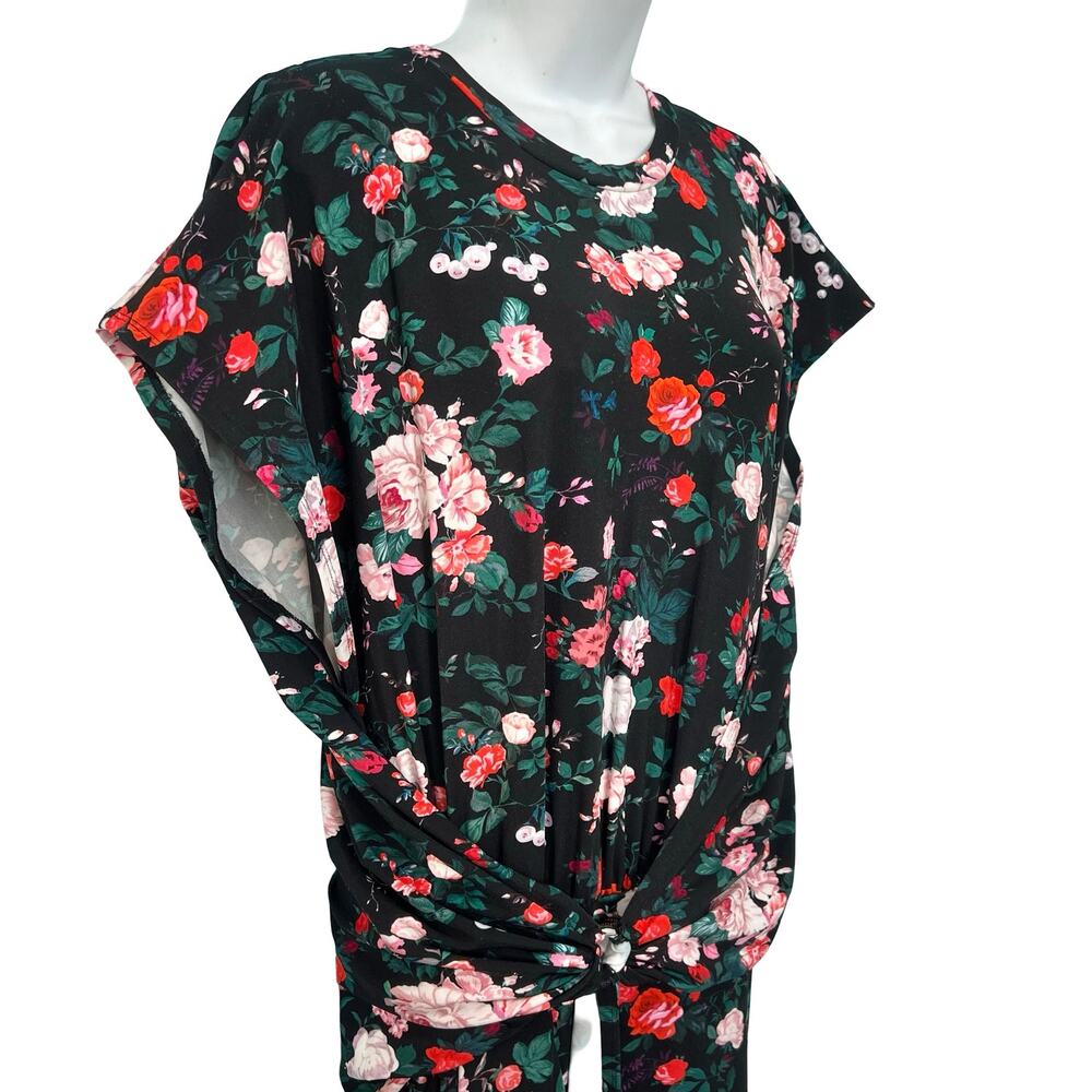Paco Rabanne Black Pink Floral Cap Sleeve Belt Faux Wrap Midi Dress 44 / 12 NEW - Picture 13 of 14